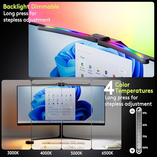 Quntis Curved Monitor Light Bar 15 RGB Backlight for 34"+ Screens, Computer Bar Lights Fold Dual Light with Color Temperature Brightness Stepless Dimming, No Glare Desk Lamp for Home Office Gaming