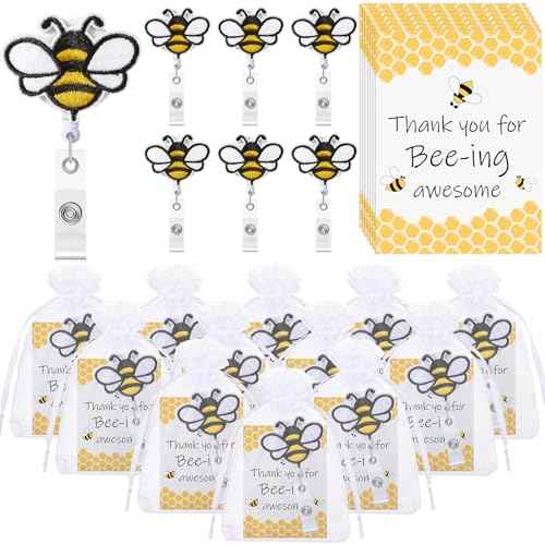 Lincia 48 Set Bee Badge Reels Employee Appreciation Gifts Inspirational Cards Organza Retractable Holder Clips for Coworkers Staff Thank You Gifts
