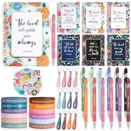 Zhanmai 146 Pcs Church Gifts for Women Bulk Bible Verse Notebooks and Pens Inspirational Keychain Religious Bracelets Stickers Christian Favors Gifts for Women Christmas