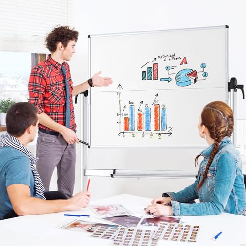 VIZ-PRO 48" x 36" Double-Sided Mobile Whiteboard with Stand, Magnetic & Lockable Wheels