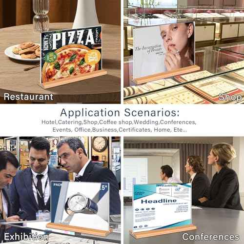 Kersally Acrylic Sign Holder 11 x 8.5'', 4 Pack Double-Sided Clear Table Display Stands with Wood Base,Horizontal Acrylic Frame Menu Flyer Paper Holder for Store, Restaurant, Hotel, Office, Show Fair