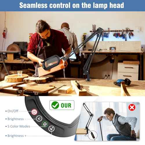 10X Rectangle Magnifying Glass with Light and Clamp, 2*16 Inch Large Swivel Arm LED Desk Lamp, 5 Color Modes Brightness Steepless Dimming, Hands Free Lighted Magnifier Stand for Craft Reading Painting