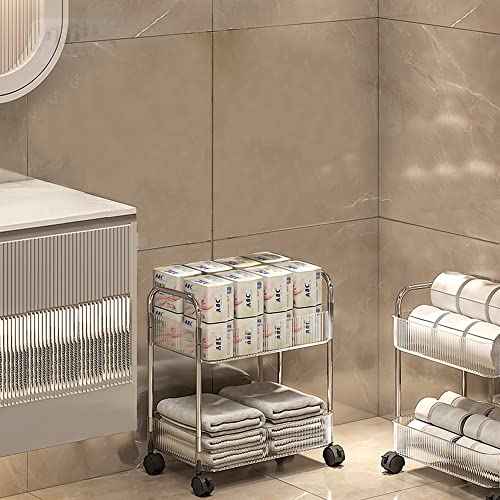 2-Tier Utility Rolling Cart Storage Organizer Sofa Side Table with Wheels, Under Desk Mobile Trolley Organizer with Handle and 2 Hanging Baskets for Office Home Kitchen Organization, Transparent