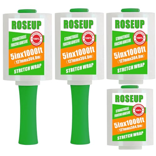 ROSEUP Heavy Duty Clear Stretch Wrap Film 5"x1000ft Roll with Handle - 4 Pack