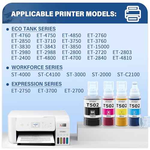 502 Ink Refill Bottles 4 Pack for Eco Tank ET-3850 ET-3760 ET-2850 ET-4760 ET-4850 ET-15000 ET-4750 ET-3750 ET-2750 ET-2760 ET-3830 ET-3710 Printer, T502 Ink Refill Bottles Combo Pack(BK C M Y)