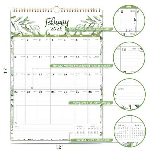 2026 Calendar - 2026 Wall Calendar, 12 Monthly Wall Calendar 2026 from January 2026 - December 2026, 12" x 17", Twin-Wire Binding + Hanging Hook + Ruled Blocks + Thick Paper with Julian Dates - Floral