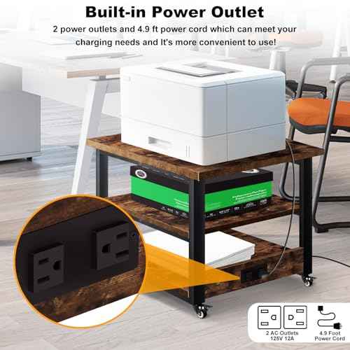 Printer Stand, 19.7x19.7'' Large Printer Table with Power Outlet for Home Office Organization, Under Desk 3d Printer Stand With Wheels, Heavy Duty Rolling Printer Cart Shelf Stand for Desktop-3 Tier