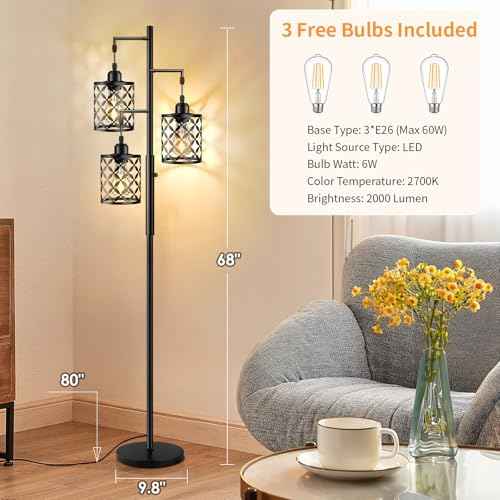 68" Dimmable Floor Lamp, Farmhouse Standing Lamp with Elegant Metal Cage, Industrial Tall Tree Floor Lamps for Living Room, Bedroom, Study Room, Office (2000LM LED Bulbs Included) - Black