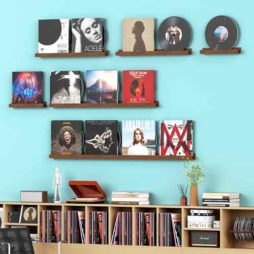 Vinyl Record Shelf Wall Mount, 6PC Album Record Holder Display, Wood Floating Shelves, Wood Ledges for Wall, 0ffice Wall Shelves, Album Shelves, Magazine Rack Walnut - 1x48In, 1x36In, 2x24In & 2x12In