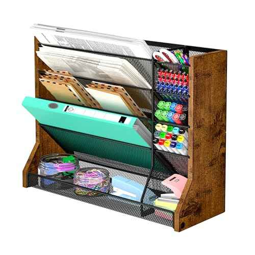 Wall Desk File Organizer 5 Tiers, Ironwood Hanging File Organizer with R-shaped Tray, Wall File Holder for Office Home, 4 Pull-Out Divider and Pen Slots to Sort File,Mail,Newspaper,Pen, Brown
