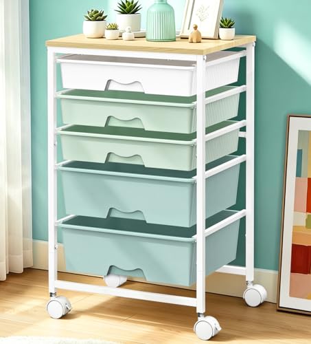 SUNALLY Green 5-Drawer Rolling Storage Cart with Wooden Top & Locking Wheels