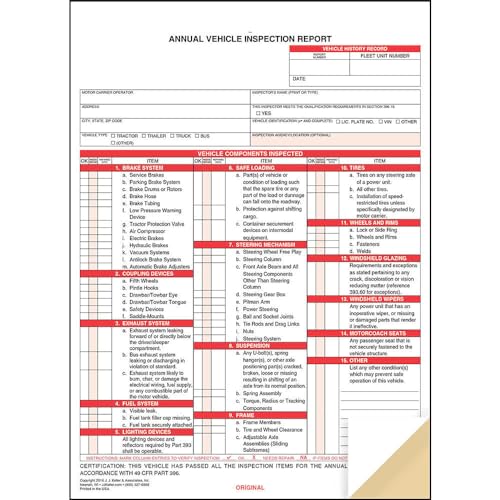 J. J. Keller 50-Pack, Annual Vehicle Inspection Report Forms, 2-Ply Carbonless Form, DOT Compliant