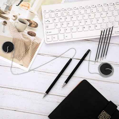 Security Pen Set with Bead Chain and Pen Holder, Desktop Pens with Chains, Blank Ink Refills for Office Bank Supplies, Black (64 Pieces)