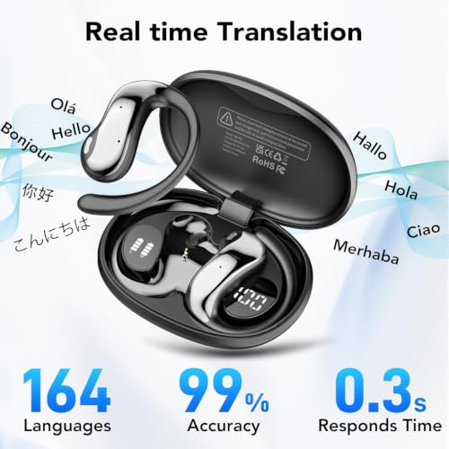 Taopodo Classic Black Open-Ear Bluetooth Headphones with AI Translation, 50H Playtime