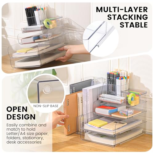 Desk Organizer with 2 Vertical File Holder, 4 Tier Stackable Paper Letter Tray File Organizer with 5-Compartments Pen Holder, Clear Desktop Organizer Office Organization and Storage