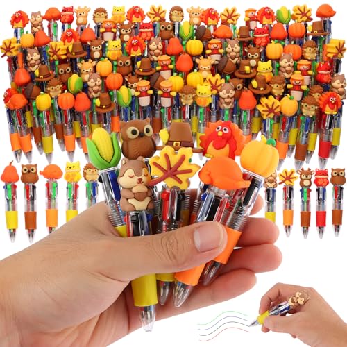 100 Pcs Thanksgiving Multicolor Pen in One Cartoon Cute Fun 4-in-1 Cute Pens Bulk Kawaii Maple Leaves Pumpkins Scarecrows and Turkeys Shape Cool Ballpoint Pens for Kids Fun Gifts