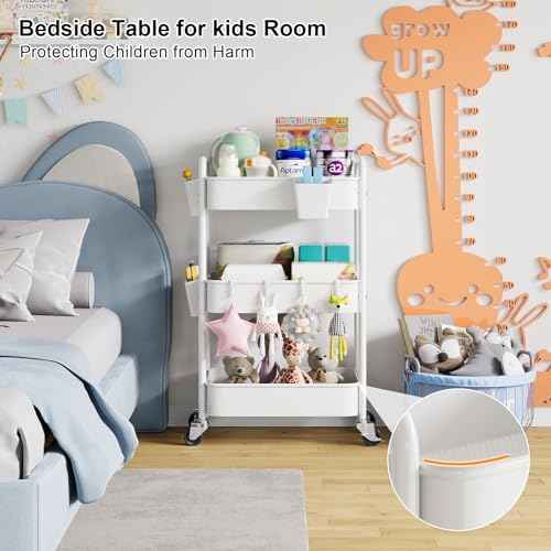 3 Tier Rolling Cart Metal with Wheels, White Three Tiered Craft Cart Organizer on Wheels, Storage Utility Carts for Art, Baby Nursery,Diaper Caddy, Cleaning Supplies, Nail,Lash,Snack,Book,Roller Shelf