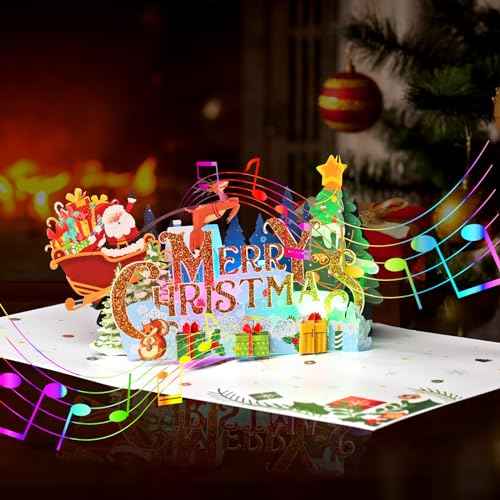 Merry Christmas Cards, Light and Music Christmas Card, 3D Pop Up Xmas Greeting Card for Women Men Kids Husband Wife Mom Dad Daughter