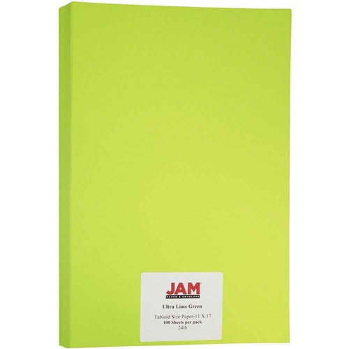 JAM PAPER Ledger Matte 24lb Paper - 90 gsm - 11 x 17 Tabloid - Ultra Lime Green - 100 Sheets/Pack