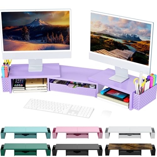 Spacrea Metal Desk Organizers and Accessories, Dual Monitor Stand Riser with Drawer and 2 Pen Holders, Desk Accessories & Workspace Desktop Organizers for Office Supplies (Purple)