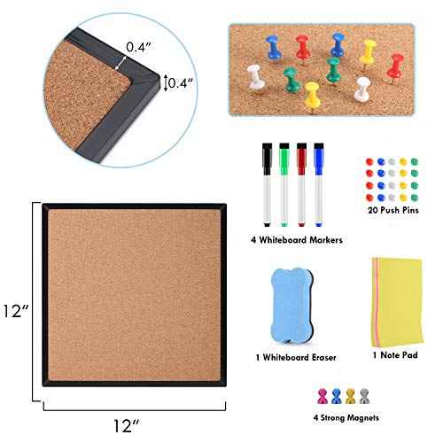 Cork Bulletin Board and Magnetic Dry Erase White Board for Wall, 4-Pack 12" X 12" Square Tiles with Black Framed Combination Board¡¦