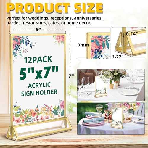 TonGass 12-Pack 5x7 Standard Double-Sided Acrylic Wedding Table Numbers Picture Frames, Clear Sign Holders with 3mm Gold Border & Vertical Stand