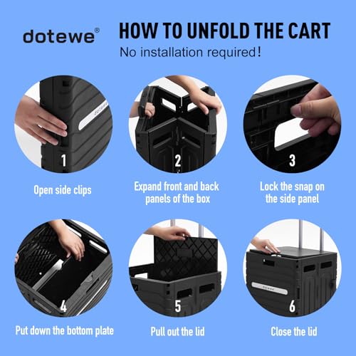Folding Utility Cart Black Portable Rolling Crate Handcart Foldable Shopping Trolley Collapsible, with Lid, on Wheels, for Grocery, Garden, Office, Storage, Teacher, Tool (Black)