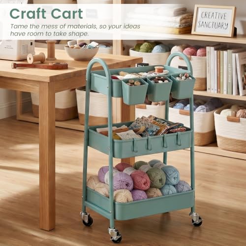 danpinera Green 3-Tier Metal Rolling Storage Cart with Wheels