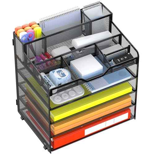 Docnest 5 Tier Mesh Desk Organizer for Paper Office Supplies ? Multi-Functional Letter Tray with 5 Adjustable Compartments, 3 Pen Holders, Desktop Storage for Files, Mail, Stationery ? Black