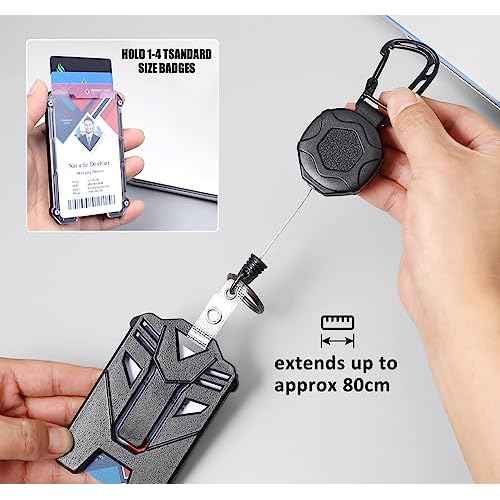 Badge Holder Retractable Clip Heavy Duty Carabiner Badge Reel Keychain with Lanyard ID Cards Holder Cool Tactical ID Holder