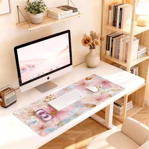 UGYAZX Pastel Pink Blue Floral Watercolor Desk Mat for Keyboard & Mouse 31.5x15.7 in - Waterproof Non-Slip Office & Gaming Pad