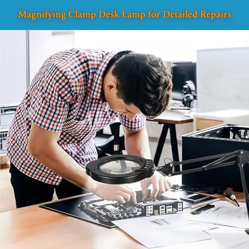 15X Magnifying Glass Desk Lamp with Metal Base, 5 Color Modes 10 Levels Adjustable Brightness, 360¡Æ Rotatable Flexible Aluminum Arms ? Ideal for Reading, Crafting, Close Work, Eye-Caring Table Lamp