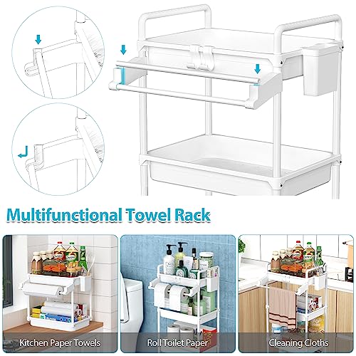 SPACEKEEPER Rolling Storage Cart, 4-Tier Bathroom Organizer Utility Cart Laundry Room Organization Mobile Shelving Unit with Towel Rack, Lockable Wheel, Hooks & Cup for Kitchen Bedroom Office, White