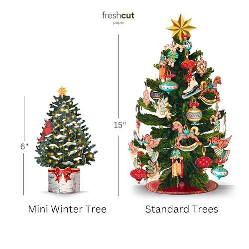 Freshcut Paper Pop Up Cards, Merry Mini Tree, 7 inch Mini Sized Paper Christmas Tree 3D Popup Greeting Cards, Christmas Card, Holiday Card, Blank Notecards & Envelopes, Pack of 5