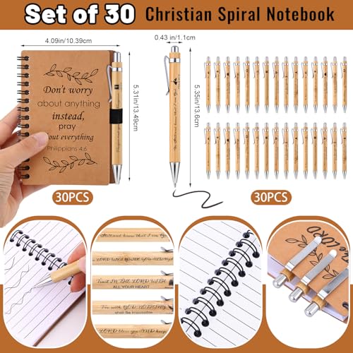 30 Set Christian Gifts Bulk Inspirational Spiral Notebook Bible Verses Ballpoint Pen Prayer Journal Religious Party Favor God Scripture Notepad for Teacher Women Church Party Office (Brown)