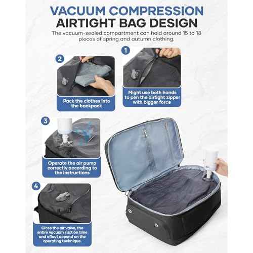Vacuum Backpack Travel for Women Men, Airline Approved Vacuum Compression Backpack Bag Carry on Luggage Travel Essentials Backpacks with 15.6inch Laptop Compartment, Contain Pump, Black
