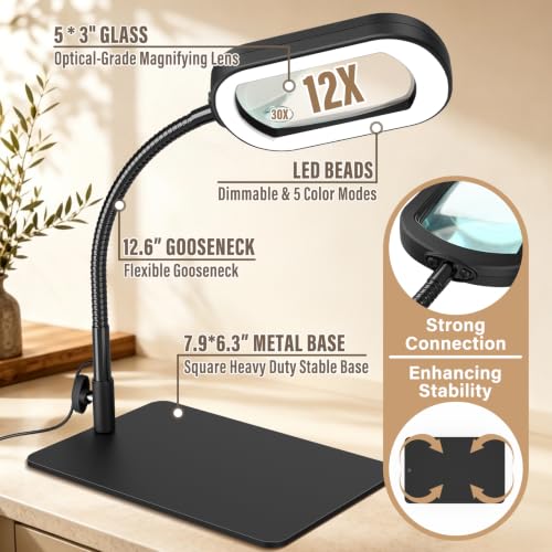 Black 30X 12X Rectangle Magnifying Glass with Light & Stand - Real Glass Lens