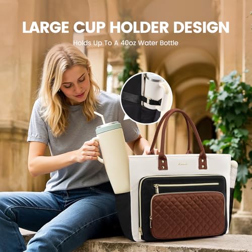 LOVEVOOK Teacher Tote Bag for Women Work, Laptop Bag With Large Cup Holder, Nurse Bags Professional Briefcase Business Computer Purses Handbag, Black-Beige-Brown, 15.6 Inch