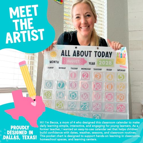 Colorful Pastel Classroom Calendar Pocket Chart with 45 Pockets - 24x29"
