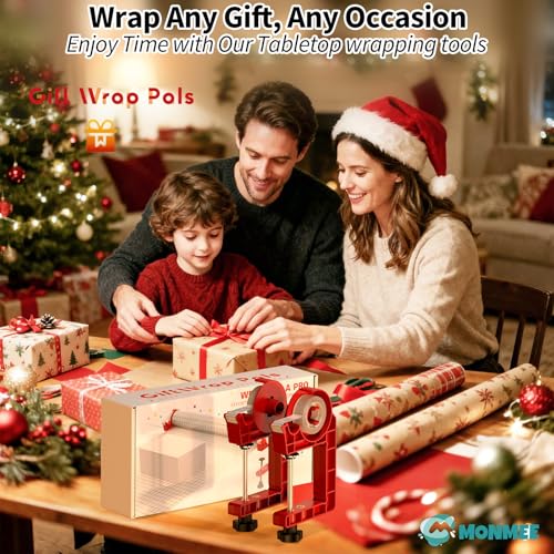 Monmee Christmas Red Tabletop Gift Wrapping Tool with Tape Dispenser 2-Pack – Adjustable Wrapping Paper Clamps