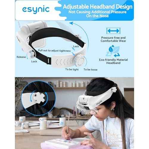 eSynic Comfortable Head Magnifier with Light USB C Rechargeable 1X-14X Magnification 5 Acrylic Lenses Double Lens Design Adjustable Headband for Reading Crafts Jewelry Repair Close Work