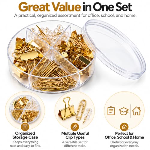 Gold Paper Clips Binder Clips & Push Pin Set - 72pc (1 Pack) CREECHWA