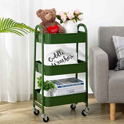 AGTEK Makeup Cart, Movable Rolling Organizer Cart, Bluish Green 3 Tier Metal Utility Cart