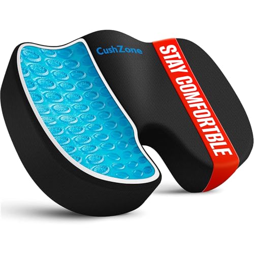 CushZone Gel Seat Cushion Large Black – Cooling Memory Foam Office Chair Pad