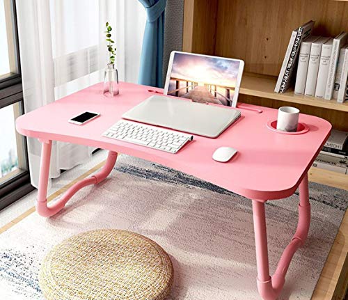Pink Foldable Laptop Desk Bed Tray with Storage Drawer & Cup Holder