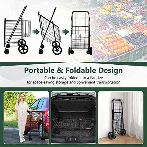 Byroce Folding Shopping Cart, Jumbo Grocery Cart on Wheels w/Double Basket, Portable Handle & Rolling Swivel Wheels, Heavy Duty Utility Cart for Groceries Laundry Book Travel Luggage (Black)
