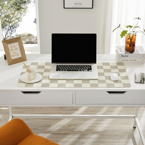 Ohocut Khaki Checkered Desk Mat 31.5 x 15.7 Inches Large PU Leather Office Desk Protector