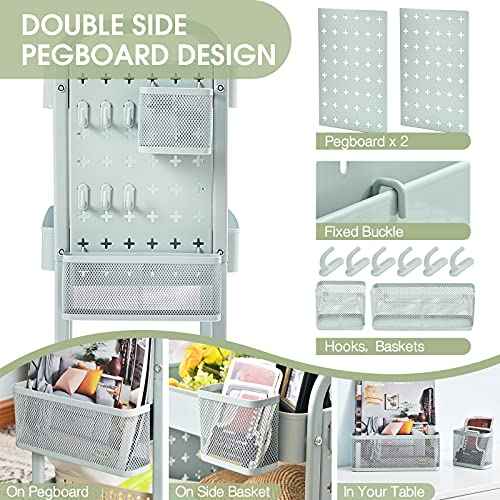 TOOLF 3-Tier Rolling Cart, Metal Utility Storage Cart with DIY Pegboards, Art Craft Trolley with Baskets Hooks, Serving Organizer Easy Assemble for Office, Home, Kitchen, Classroom (Green)