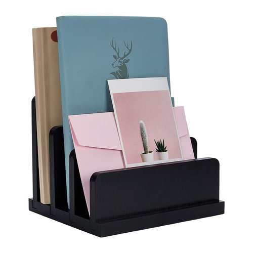 FINGERINSPIRE Black Bamboo Countertop Mail Holder with 4 Different Sizes Slots, Rectangle Bamboo Mail Organizer Vertical Desk Letter/File/Paper/Folder/Bill Holder for Home or Office Desktop