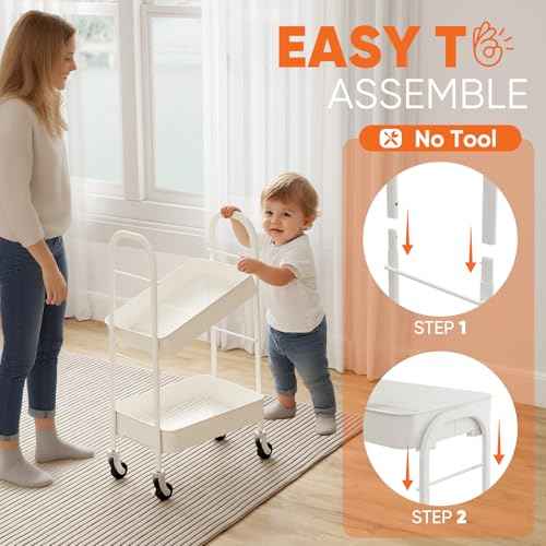 Sekey 3 Tier Metal Rolling Cart, No Screws Assemble Kitchen Cart, White Utility Cart on Wheels, Mini Rolling Carts for Small Spaces, Bathroom Storage, Bedside, Office, Food, Snack, Craft